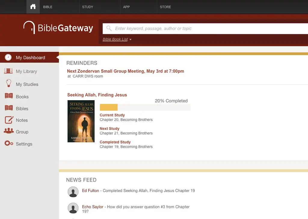 Bible Gateway dashboard, my meetings