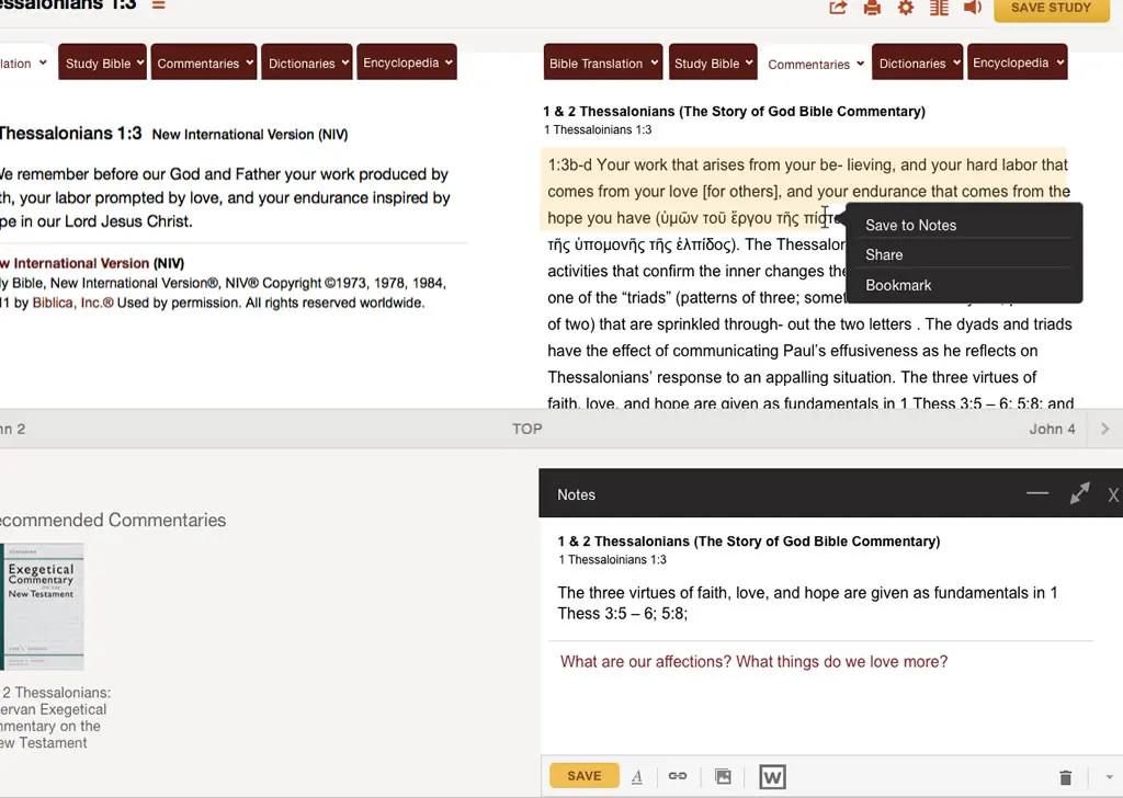 Bible translation comparisons and save to notes