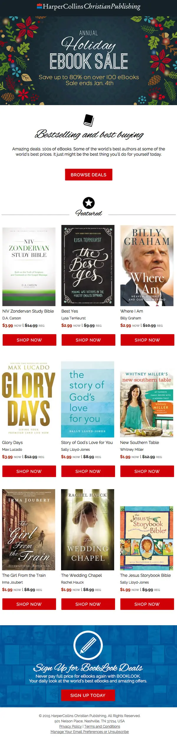 Holiday e-book sale email and various titles included