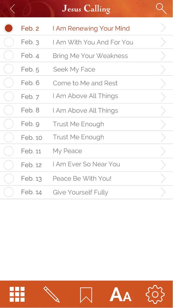 Jesus Calling app what day devotion selector