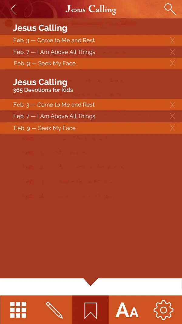 Jesus Calling app, saved favorites